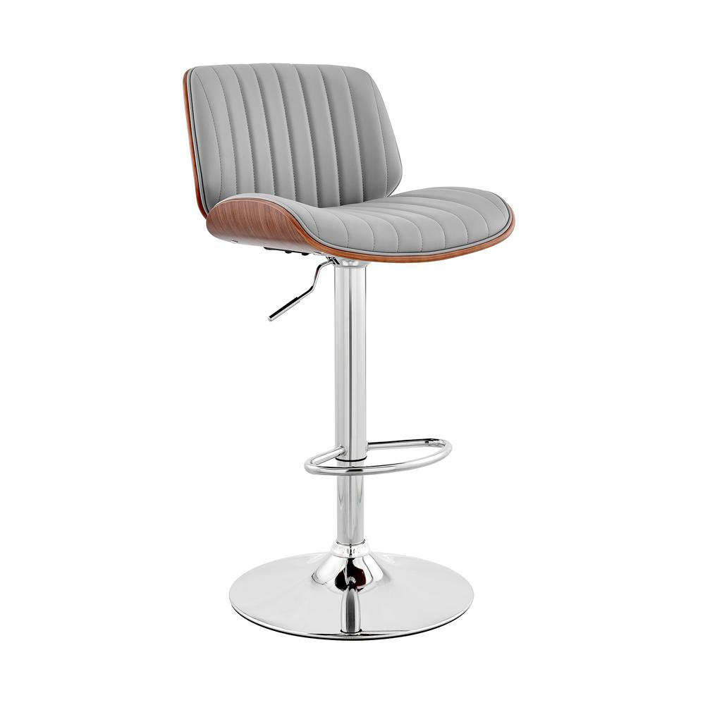 Brock Adjustable Gray Faux Leather and Walnut Wood with Chrome Finish Bar Stool. Picture 1