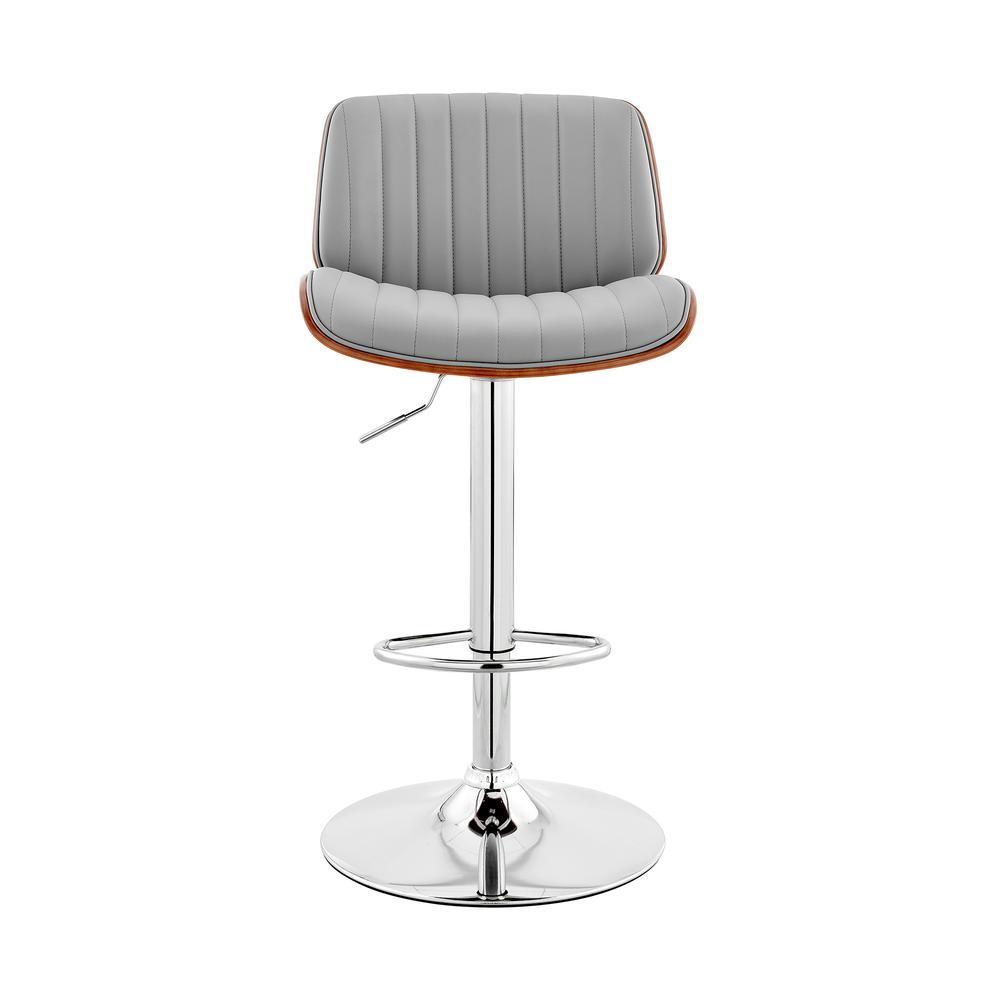 Brock Adjustable Gray Faux Leather and Walnut Wood with Chrome Finish Bar Stool. Picture 2