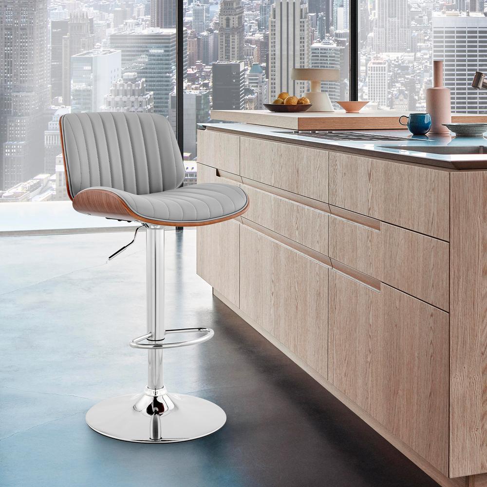 Brock Adjustable Gray Faux Leather and Walnut Wood with Chrome Finish Bar Stool. Picture 6