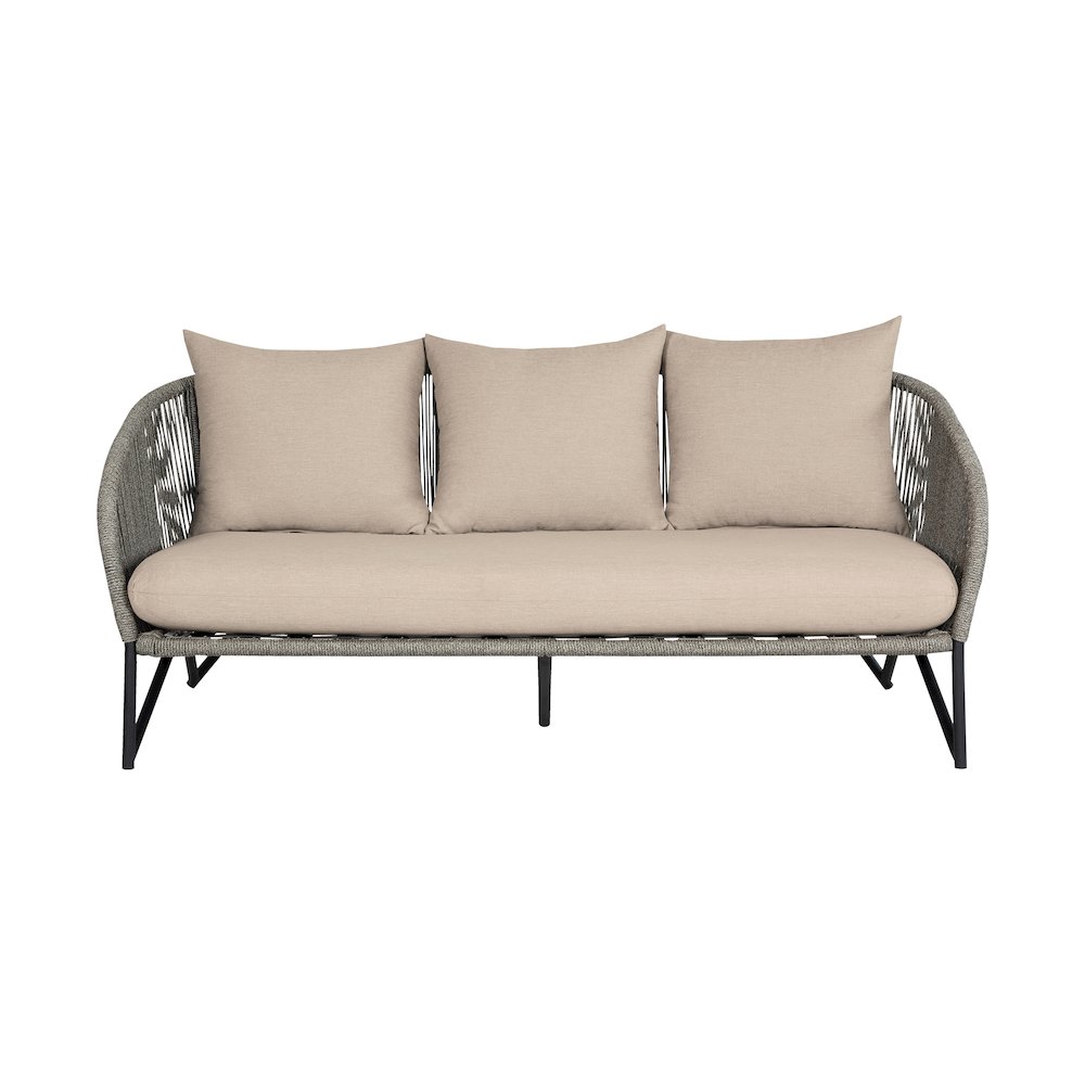Outdoor Patio Sofa in Black Steel with Gray Rope and Taupe Olefin Cushions. Picture 1