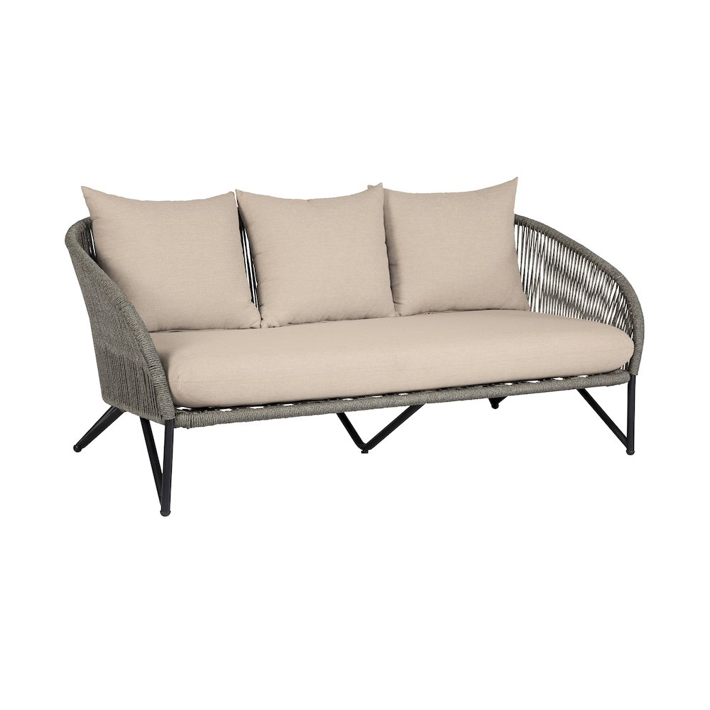 Outdoor Patio Sofa in Black Steel with Gray Rope and Taupe Olefin Cushions. Picture 2