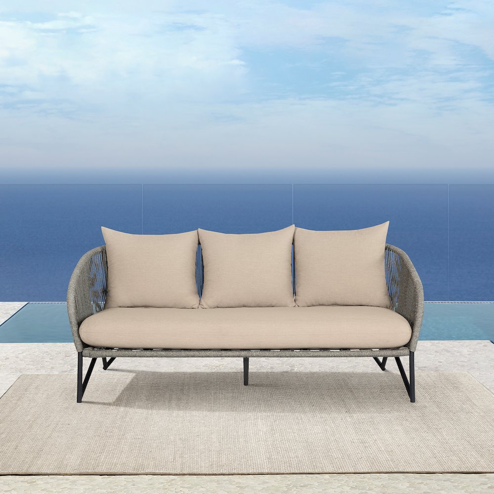 Outdoor Patio Sofa in Black Steel with Gray Rope and Taupe Olefin Cushions. Picture 9