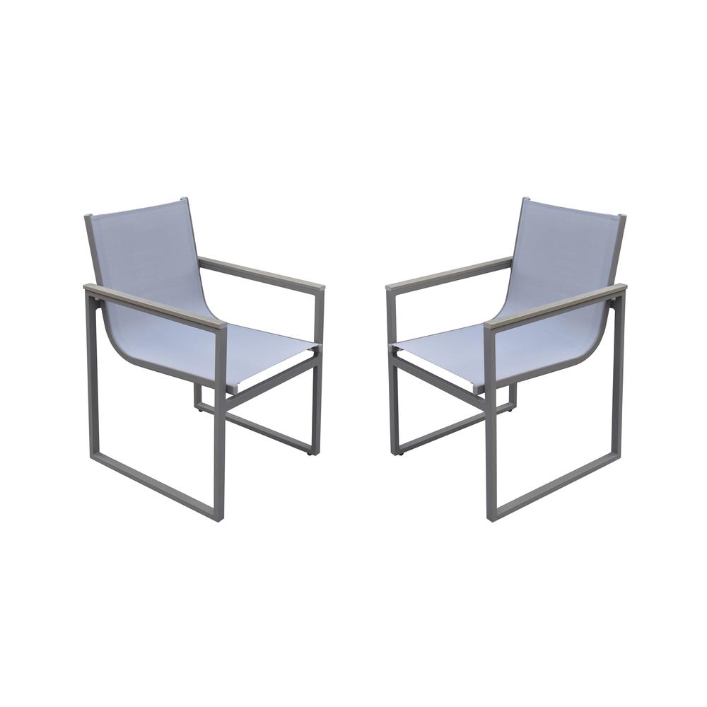 Bistro Outdoor Patio Dining Chair in Grey Powder Coated Finish with Grey Sling Textilene and Grey Wood Accent Arms  - Set of 2. Picture 1