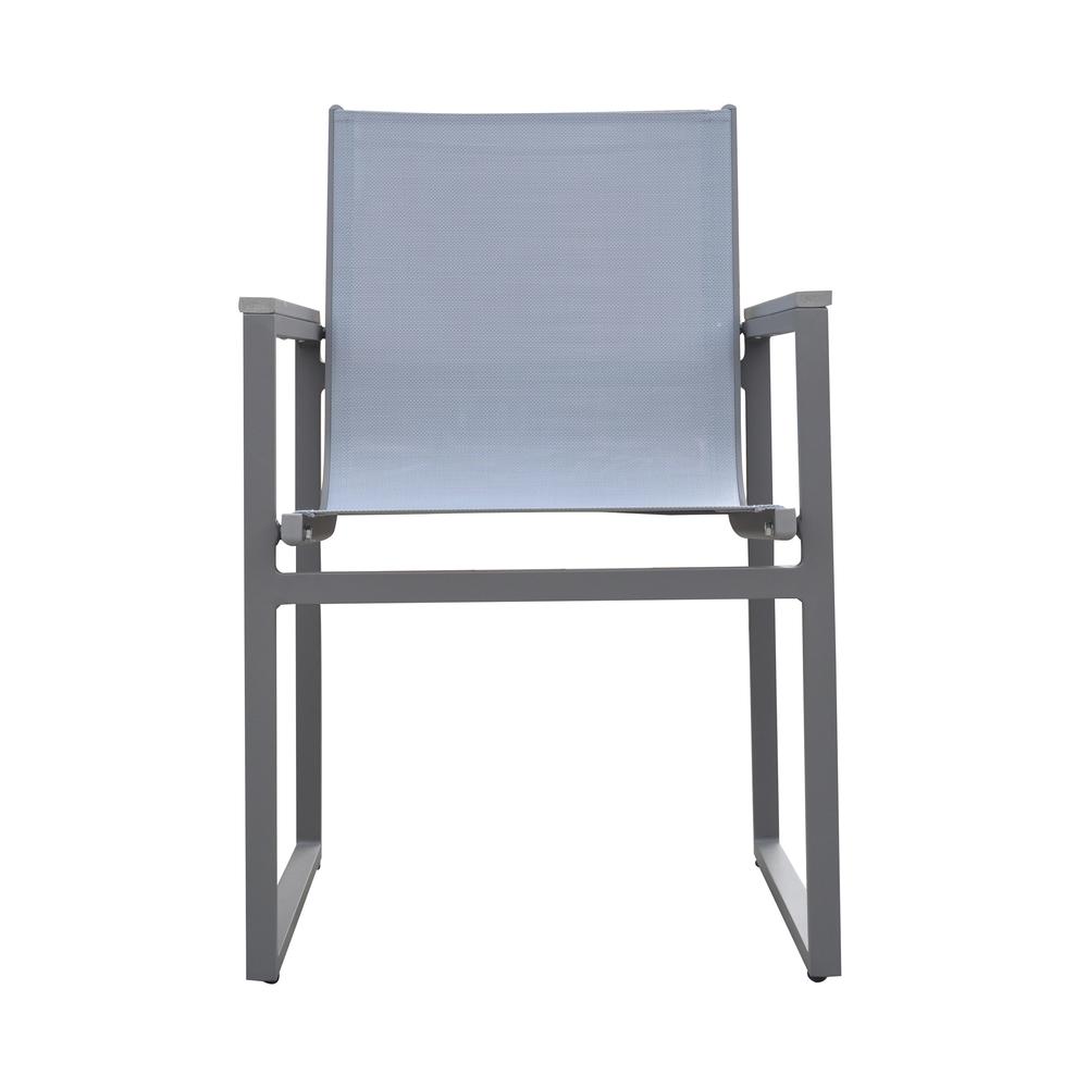 Bistro Outdoor Patio Dining Chair in Grey Powder Coated Finish with Grey Sling Textilene and Grey Wood Accent Arms  - Set of 2. Picture 2