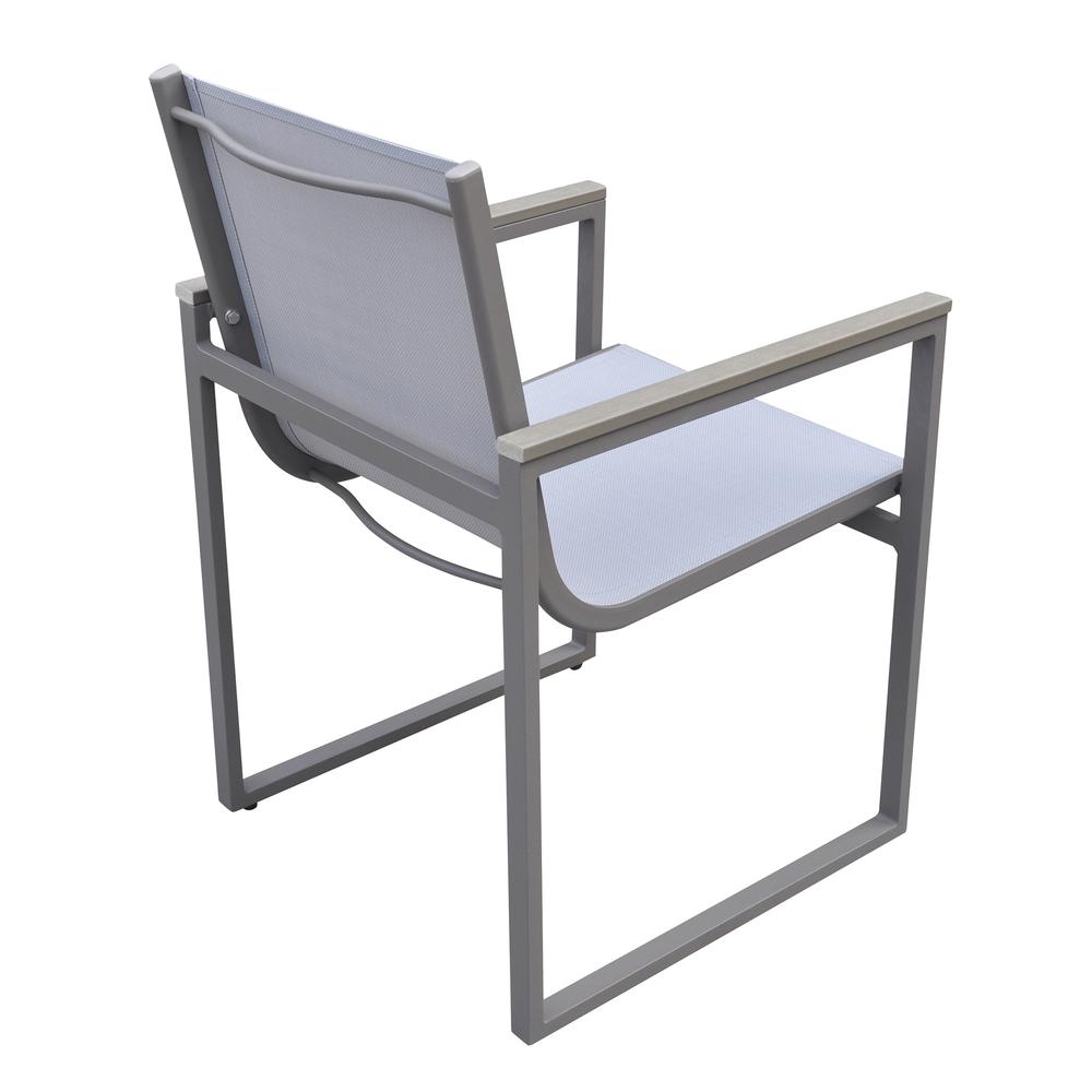 Bistro Outdoor Patio Dining Chair in Grey Powder Coated Finish with Grey Sling Textilene and Grey Wood Accent Arms  - Set of 2. Picture 3