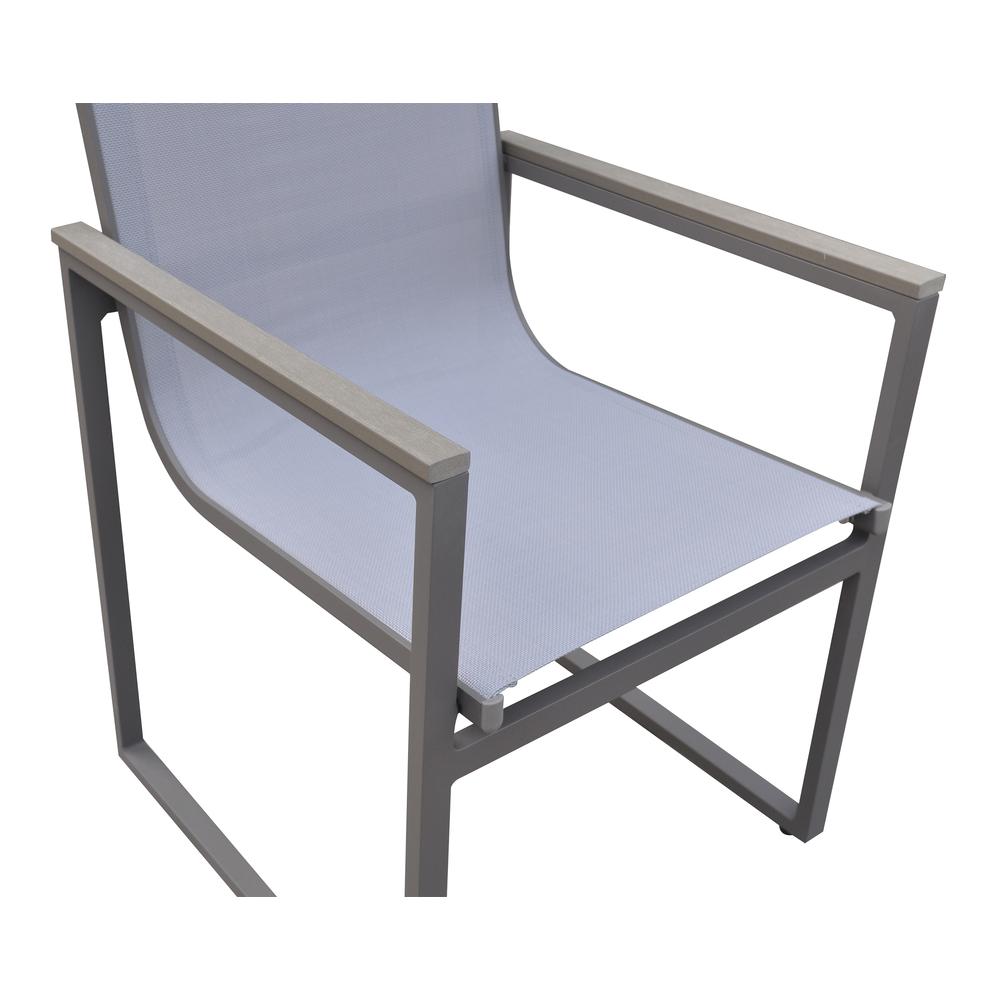 Bistro Outdoor Patio Dining Chair in Grey Powder Coated Finish with Grey Sling Textilene and Grey Wood Accent Arms  - Set of 2. Picture 4