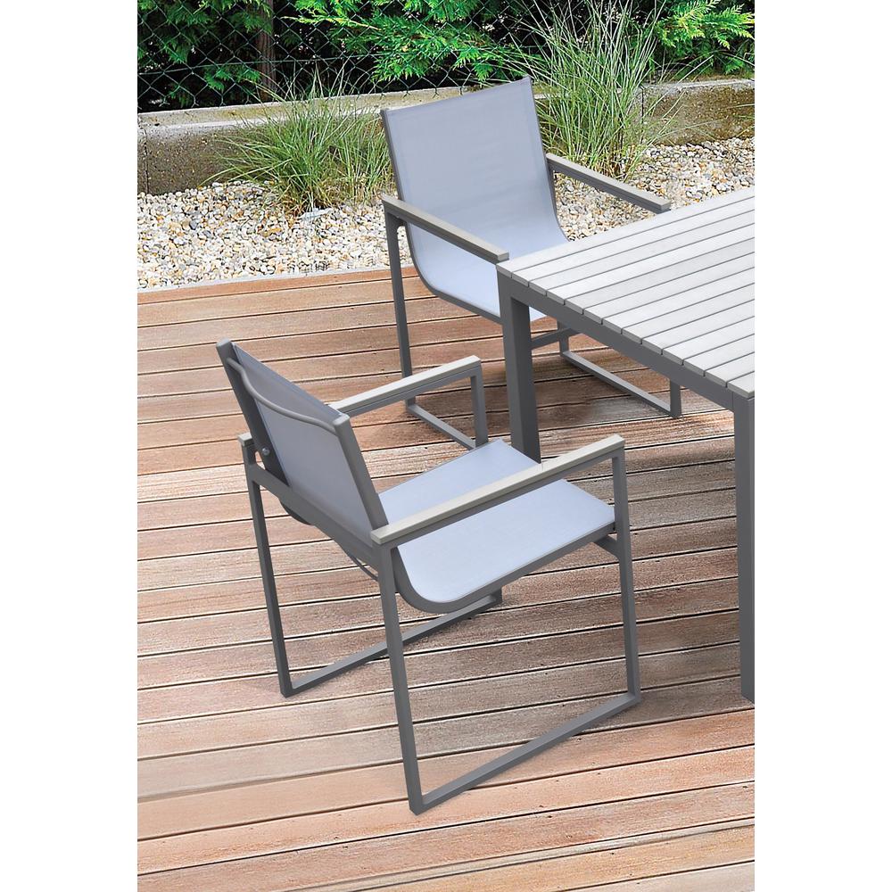 Bistro Outdoor Patio Dining Chair in Grey Powder Coated Finish with Grey Sling Textilene and Grey Wood Accent Arms  - Set of 2. Picture 6