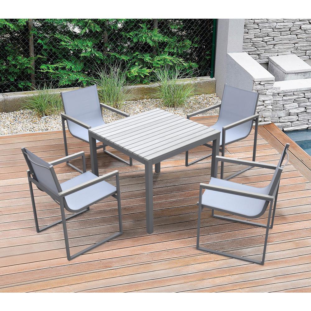 Bistro Outdoor Patio Dining Chair in Grey Powder Coated Finish with Grey Sling Textilene and Grey Wood Accent Arms  - Set of 2. Picture 7