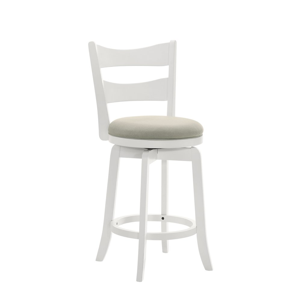 26 in. Matte White Counter Height Rubberwood Swivel Barstool, Fog Fabric Seat. Picture 1
