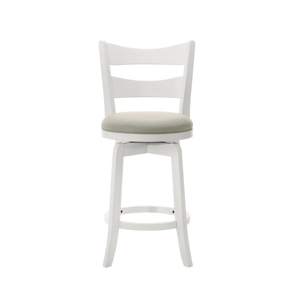 26 in. Matte White Counter Height Rubberwood Swivel Barstool, Fog Fabric Seat. Picture 2