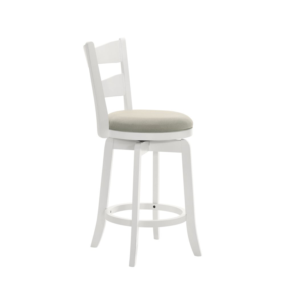 26 in. Matte White Counter Height Rubberwood Swivel Barstool, Fog Fabric Seat. Picture 3