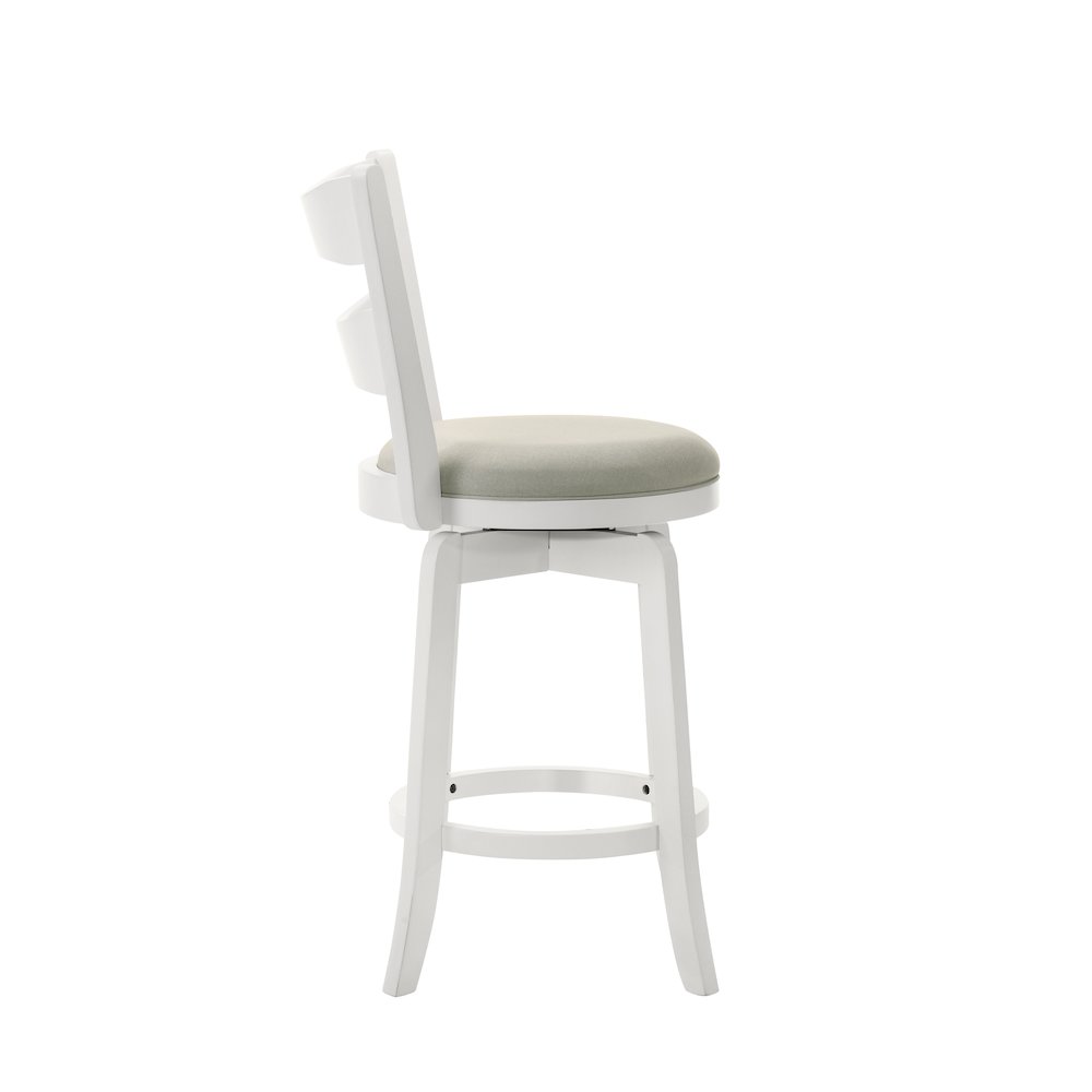 26 in. Matte White Counter Height Rubberwood Swivel Barstool, Fog Fabric Seat. Picture 4