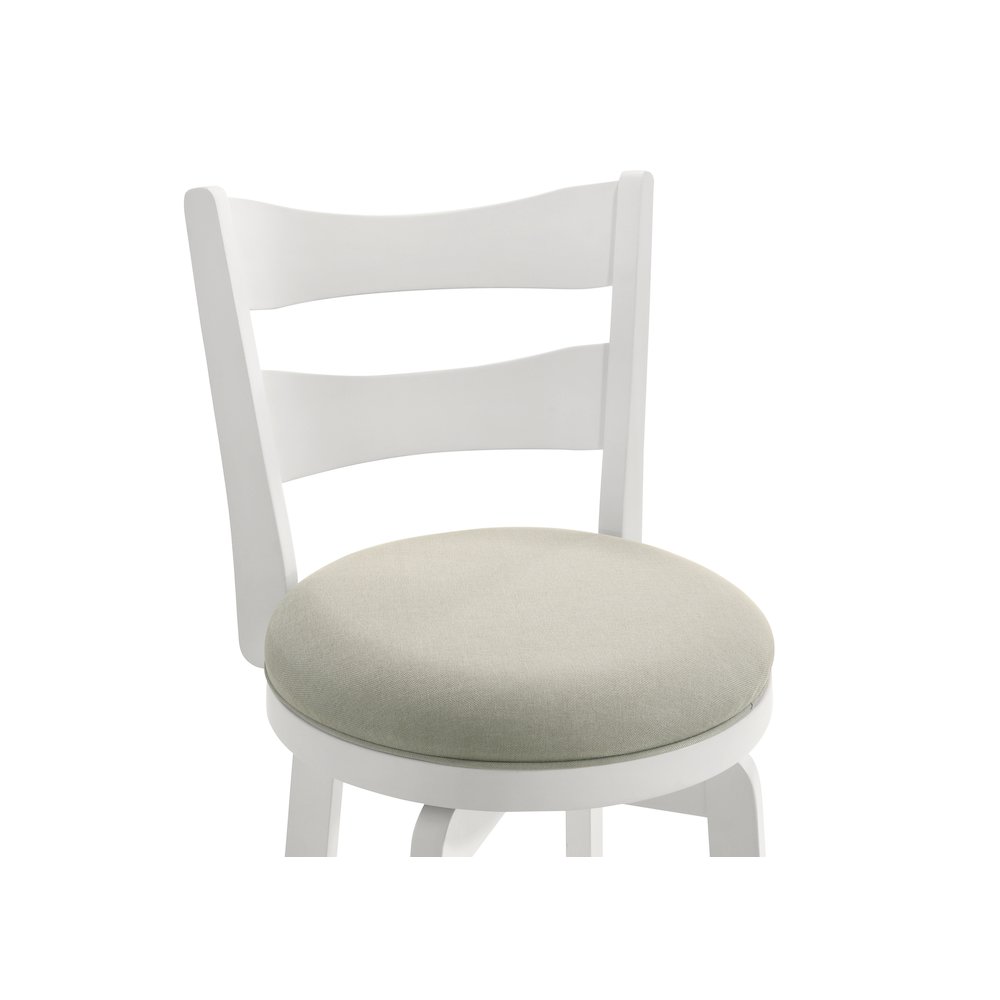 26 in. Matte White Counter Height Rubberwood Swivel Barstool, Fog Fabric Seat. Picture 6