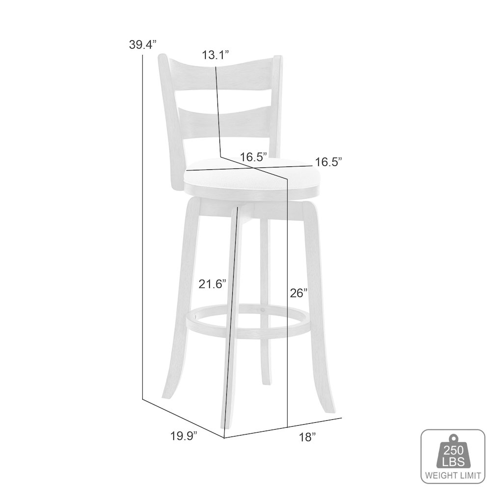 26 in. Matte White Counter Height Rubberwood Swivel Barstool, Fog Fabric Seat. Picture 9