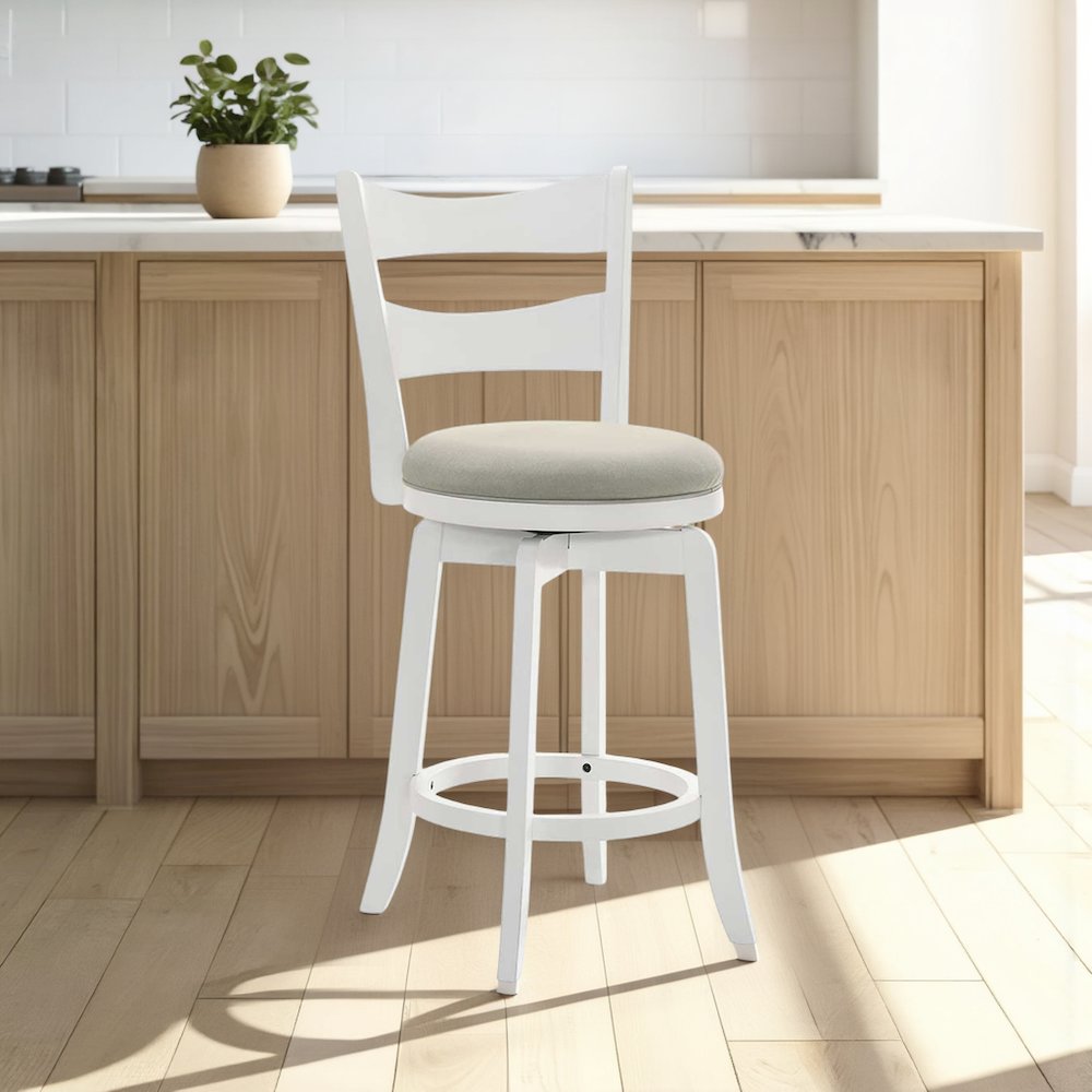 26 in. Matte White Counter Height Rubberwood Swivel Barstool, Fog Fabric Seat. Picture 10