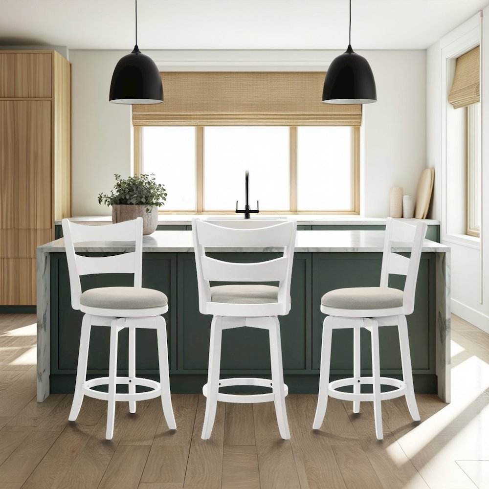 26 in. Matte White Counter Height Rubberwood Swivel Barstool, Fog Fabric Seat. Picture 11