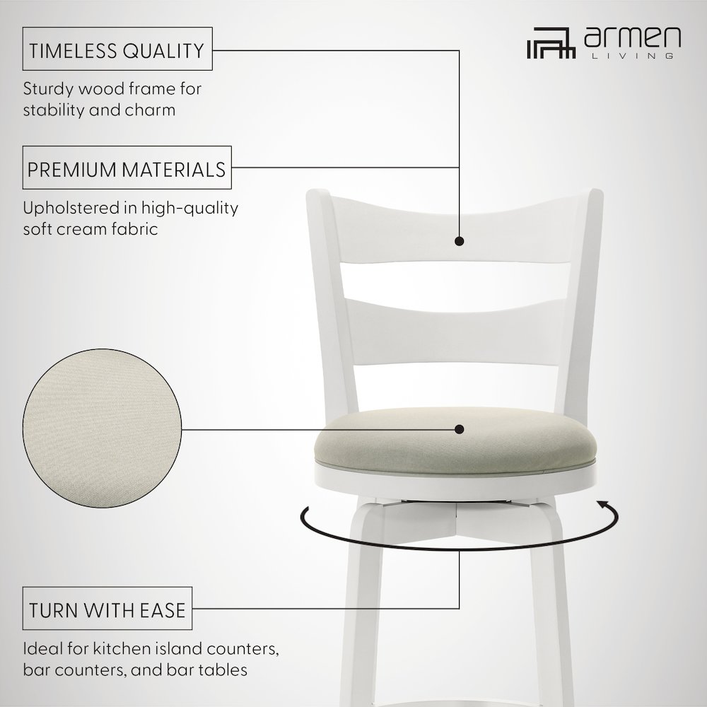 26 in. Matte White Counter Height Rubberwood Swivel Barstool, Fog Fabric Seat. Picture 12
