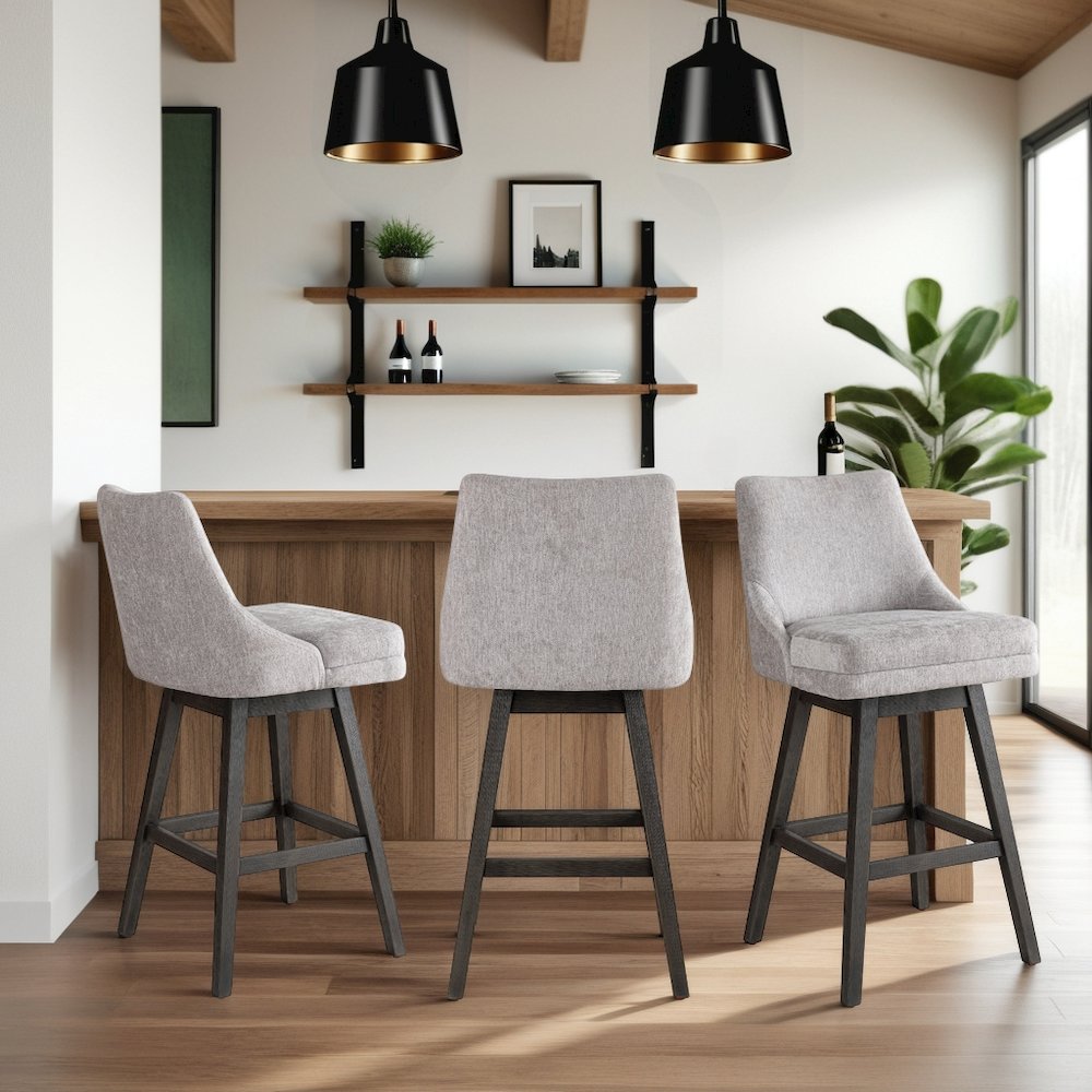 Branson Gray Solid Wood Upholstered 30" Bar Height Swivel Barstool. Picture 7