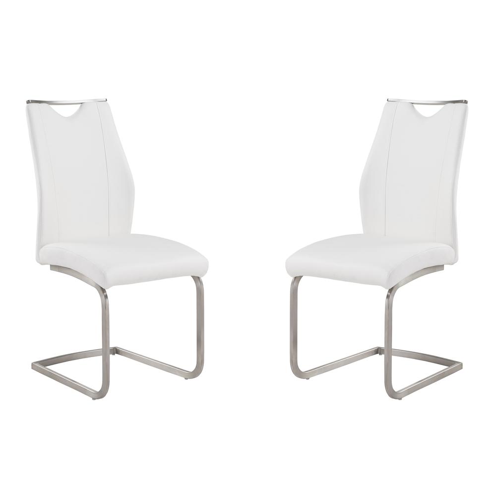 Contemporary Dining Chair In White Faux Leather and Brushed Stainless Steel Finish - Set of 2. Picture 1