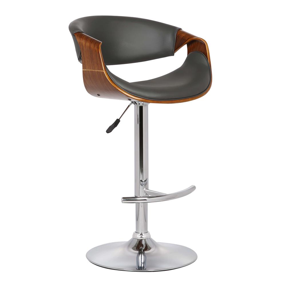 Armen Living Butterfly Adjustable Swivel Barstool in Gray Faux Leather with Chrome Finish and Walnut Wood. Picture 1