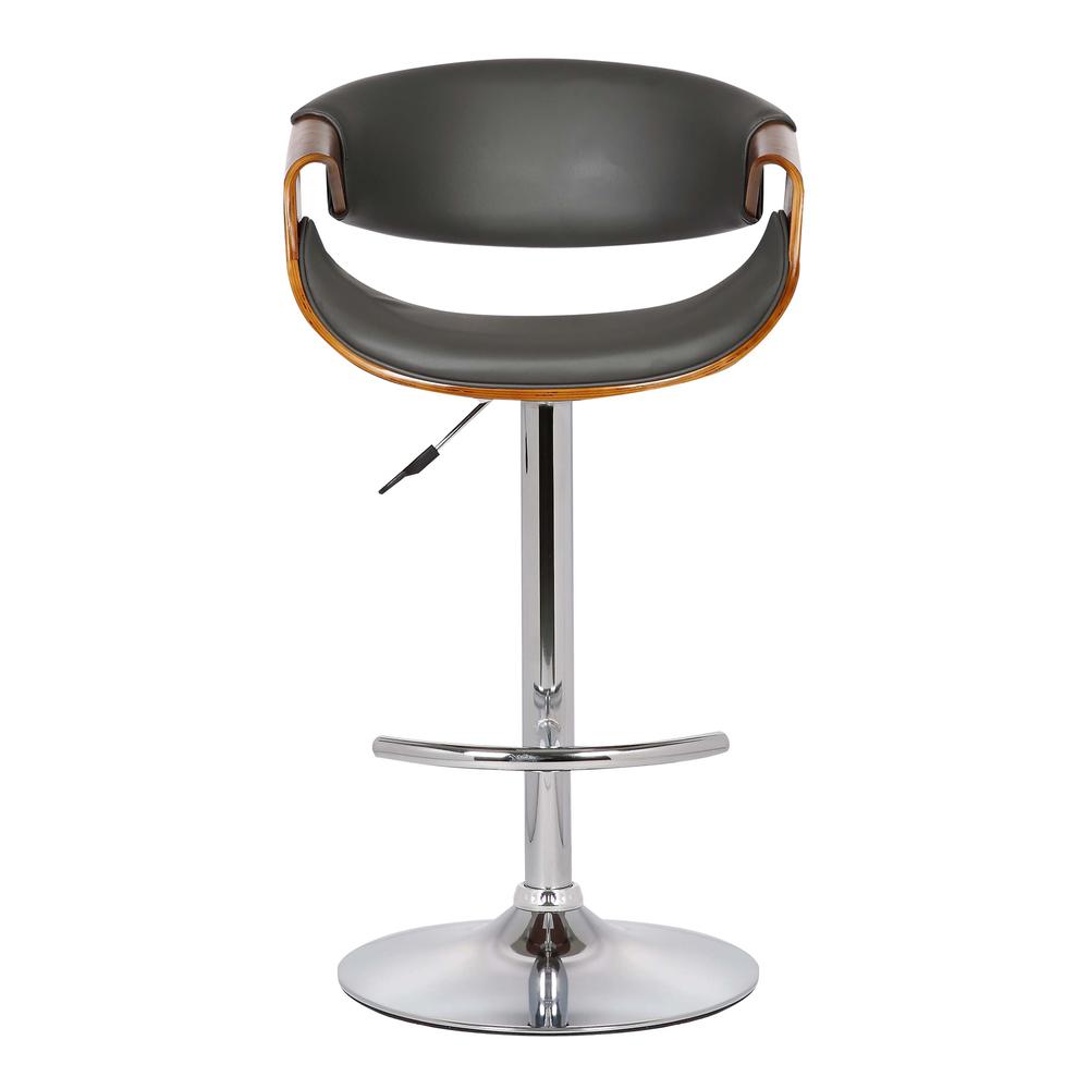 Armen Living Butterfly Adjustable Swivel Barstool in Gray Faux Leather with Chrome Finish and Walnut Wood. Picture 2
