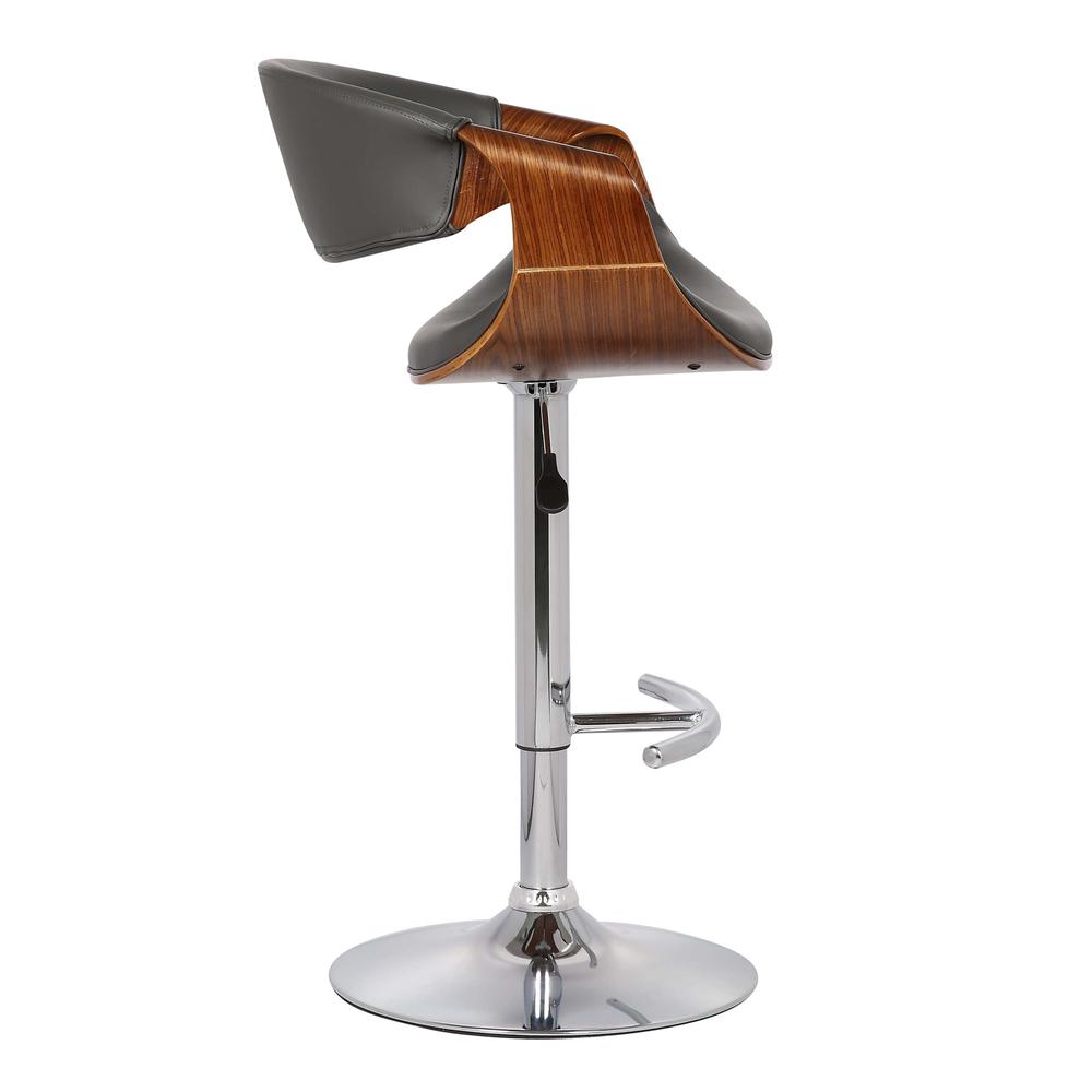 Armen Living Butterfly Adjustable Swivel Barstool in Gray Faux Leather with Chrome Finish and Walnut Wood. Picture 3