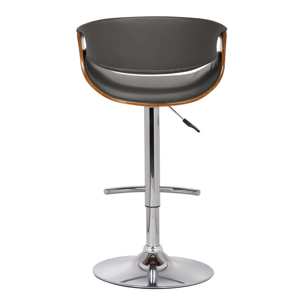 Armen Living Butterfly Adjustable Swivel Barstool in Gray Faux Leather with Chrome Finish and Walnut Wood. Picture 4