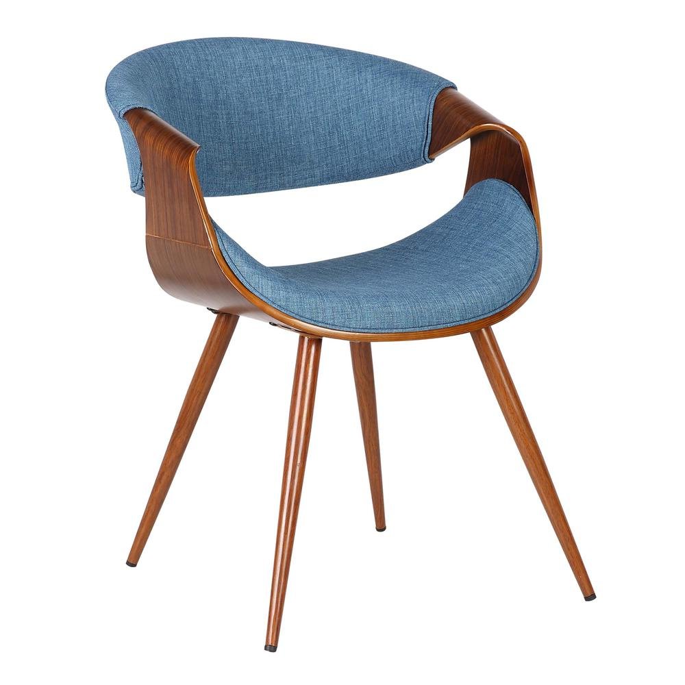 Walnut and Blue Mid Century Modern Dining Chair with Fabric Upholstery. Picture 1