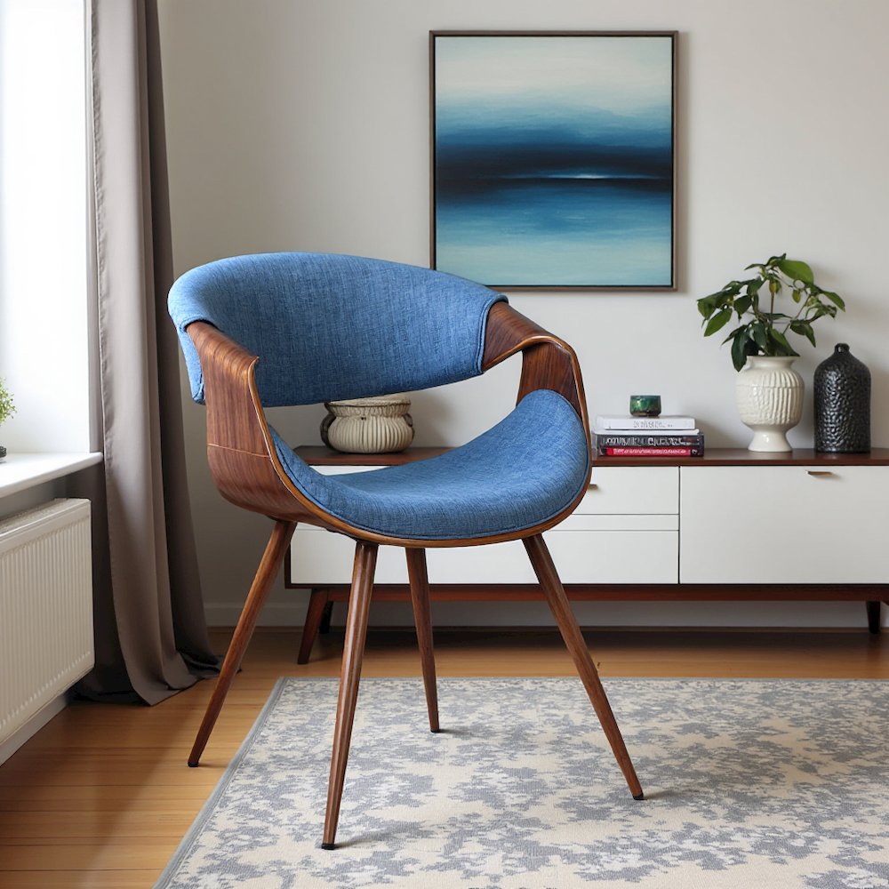 Walnut and Blue Mid Century Modern Dining Chair with Fabric Upholstery. Picture 6