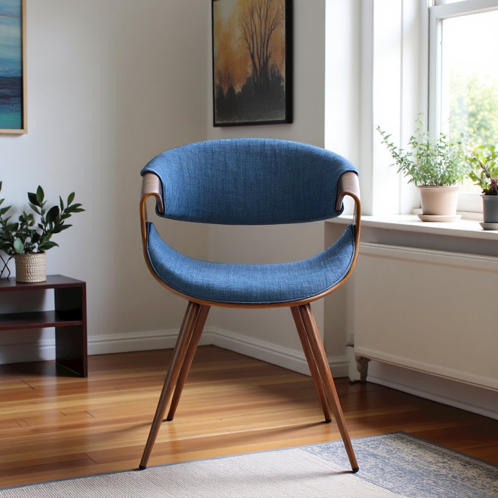 Walnut and Blue Mid Century Modern Dining Chair with Fabric Upholstery. Picture 7