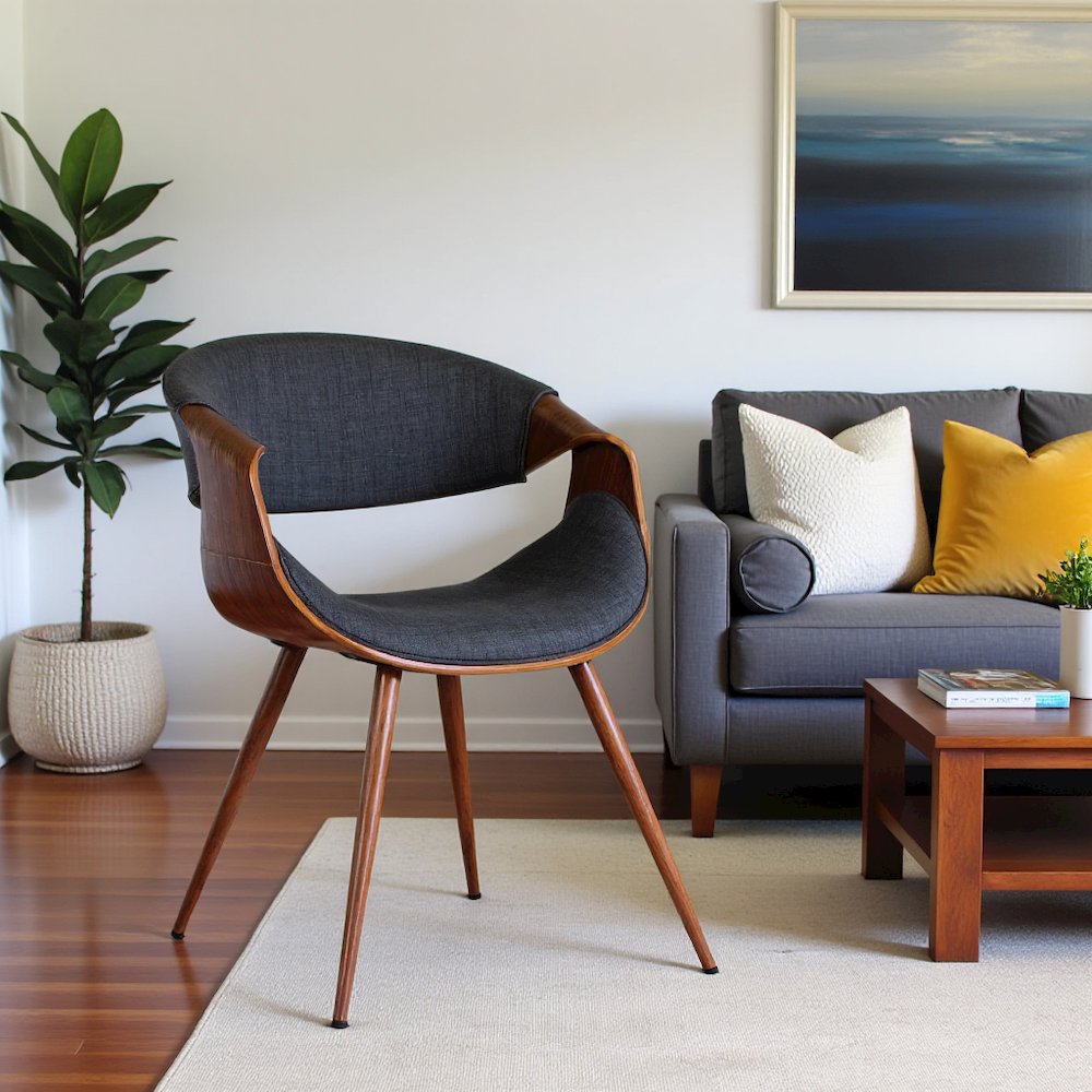 Mid-Century Modern Dining Chair in Walnut Wood and Charcoal Fabric. Picture 5
