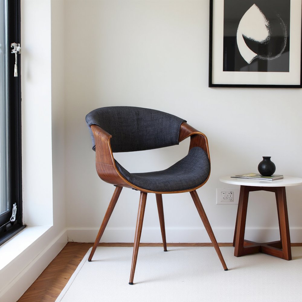 Mid-Century Modern Dining Chair in Walnut Wood and Charcoal Fabric. Picture 7