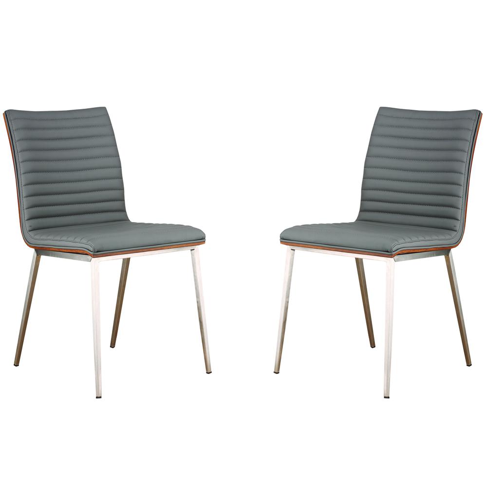 Armen Living Café Brushed Stainless Steel Dining Chair in Gray Faux Leather with Walnut Back - Set of 2. Picture 1