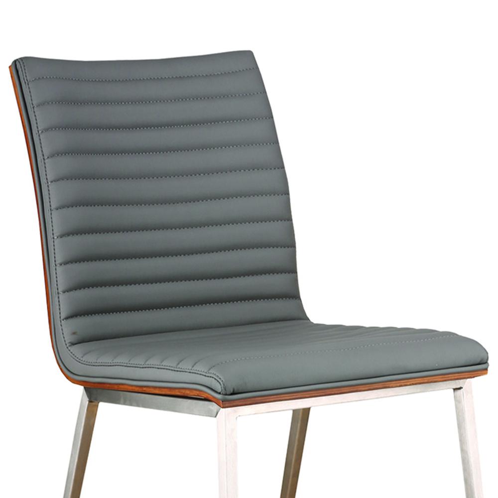 Armen Living Café Brushed Stainless Steel Dining Chair in Gray Faux Leather with Walnut Back - Set of 2. Picture 3