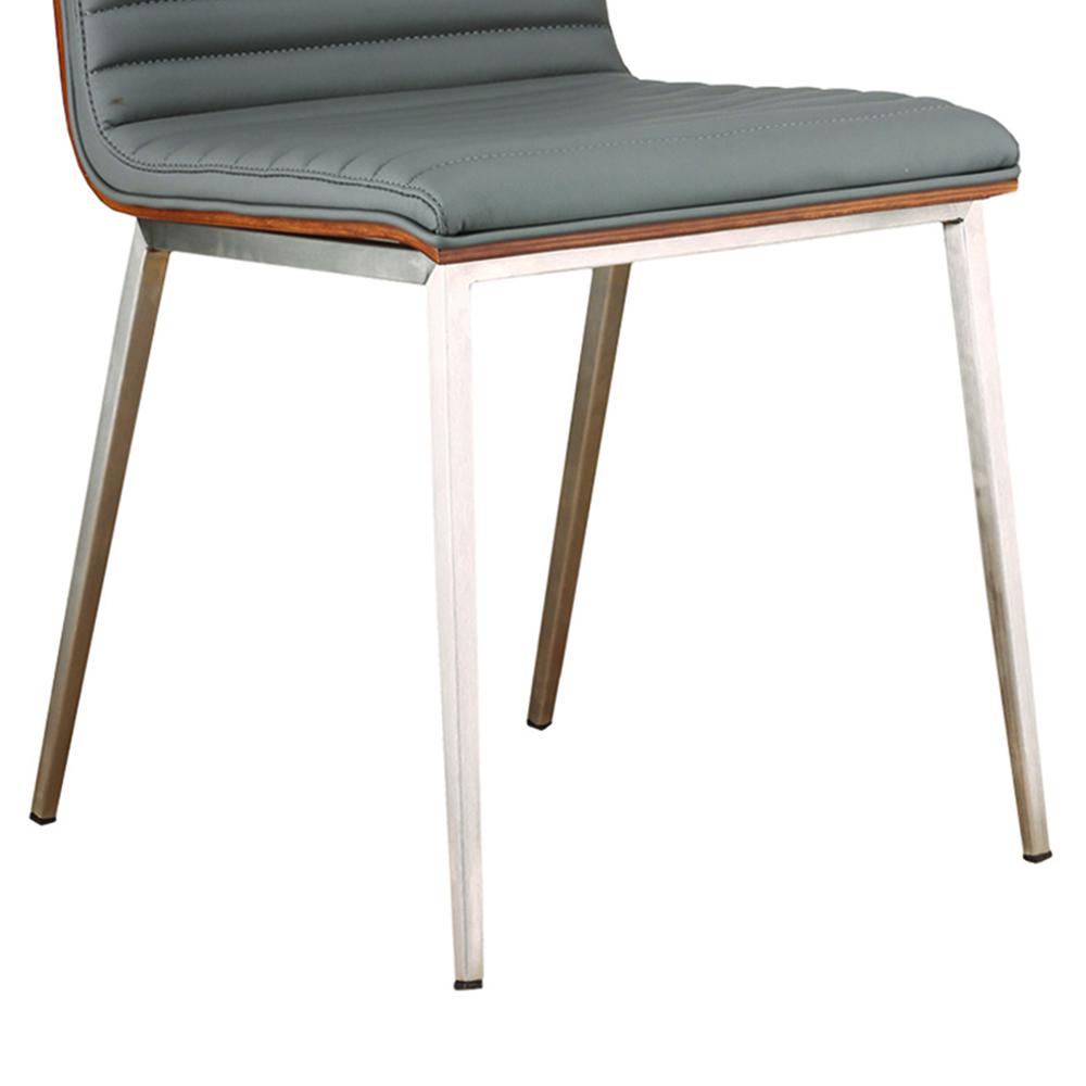 Armen Living Café Brushed Stainless Steel Dining Chair in Gray Faux Leather with Walnut Back - Set of 2. Picture 4