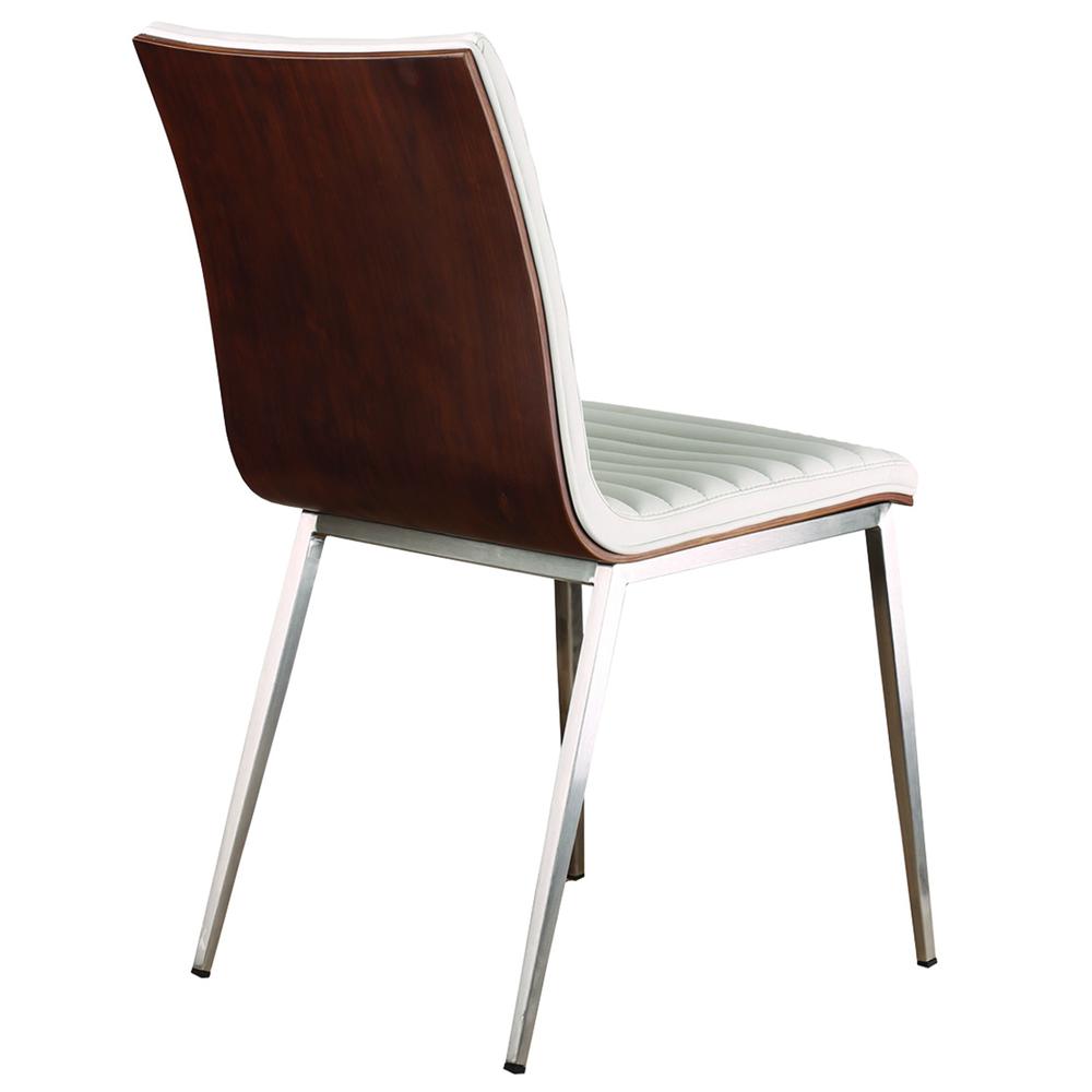 Armen Living Café Brushed Stainless Steel Dining Chair in White Faux Leather with Walnut Back - Set of 2. Picture 2