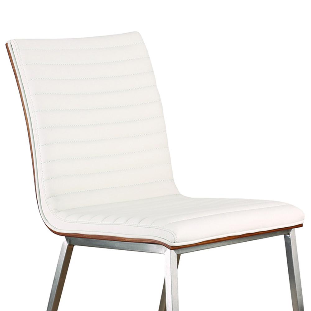 Armen Living Café Brushed Stainless Steel Dining Chair in White Faux Leather with Walnut Back - Set of 2. Picture 3