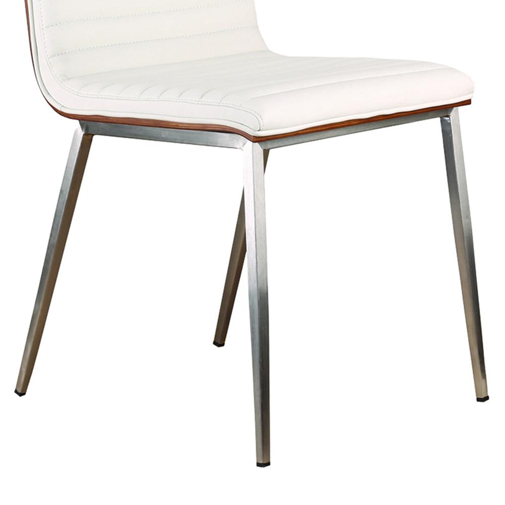 Armen Living Café Brushed Stainless Steel Dining Chair in White Faux Leather with Walnut Back - Set of 2. Picture 4