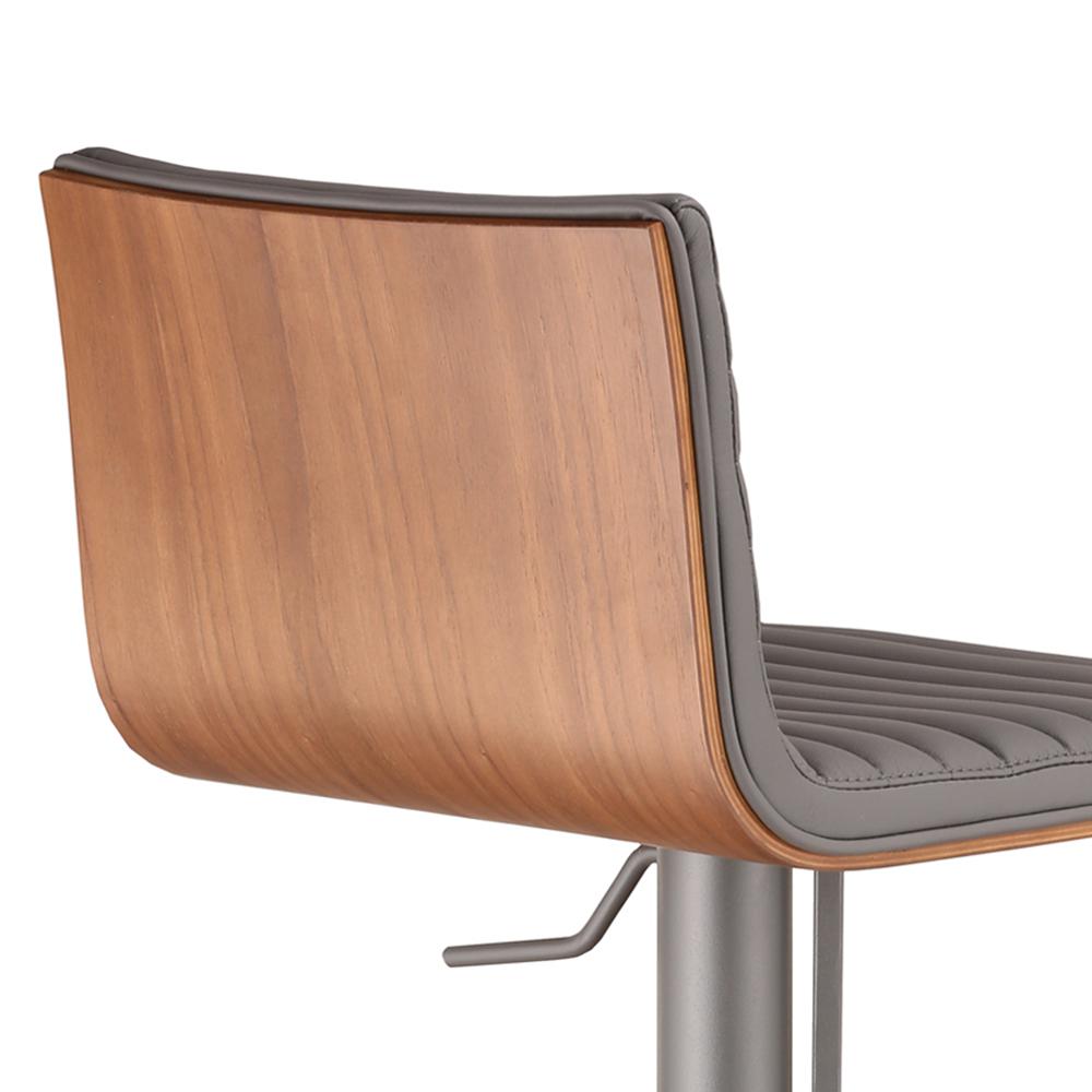 Armen Living Café Adjustable Gray Metal Barstool in Gray Faux Leather with Walnut Back. Picture 5