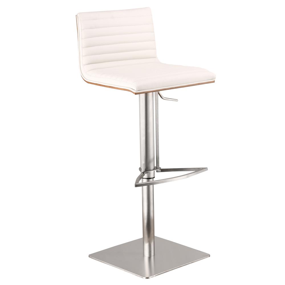 Armen Living Café Adjustable Brushed Stainless Steel Barstool in White Faux Leather with Walnut Back. Picture 1