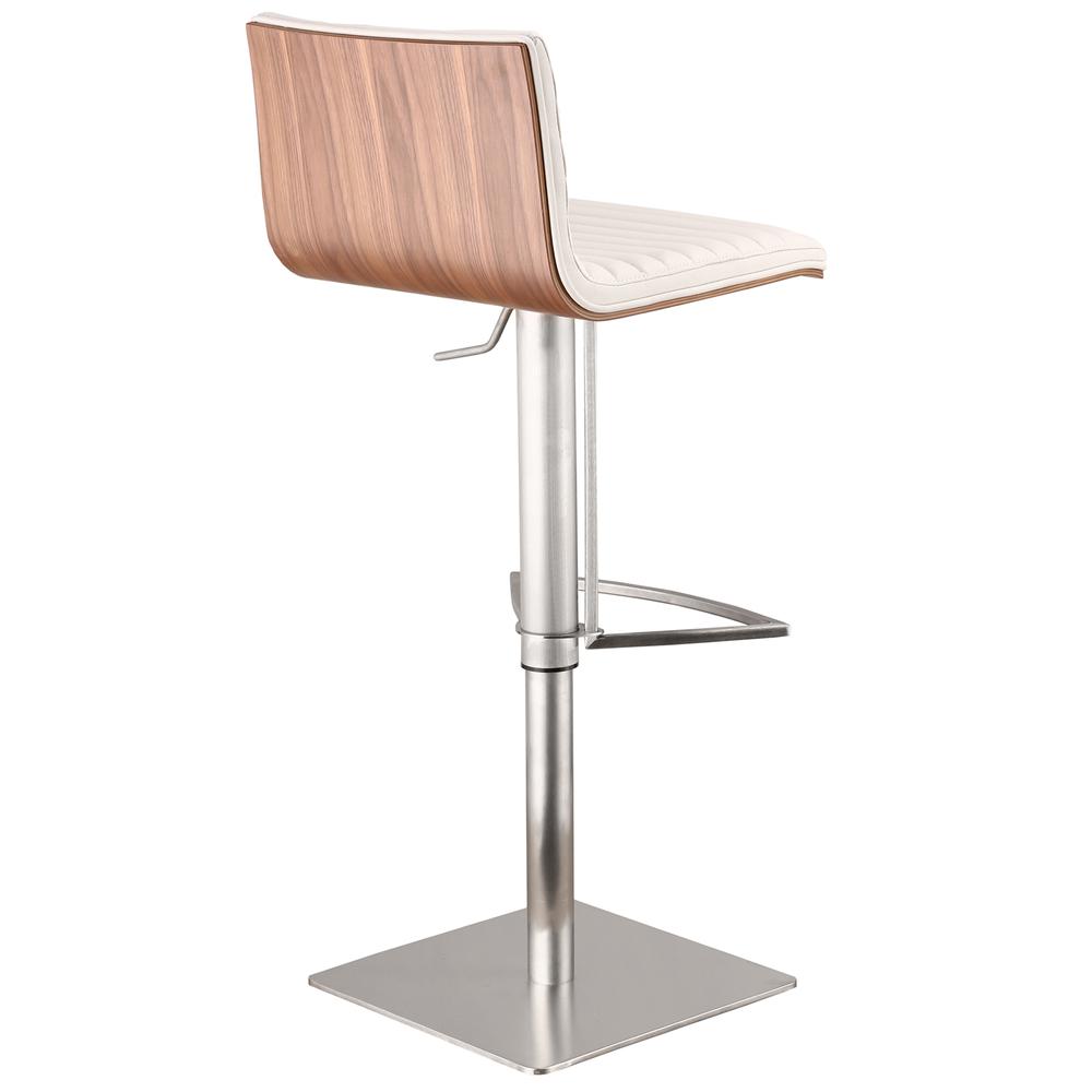 Armen Living Café Adjustable Brushed Stainless Steel Barstool in White Faux Leather with Walnut Back. Picture 2