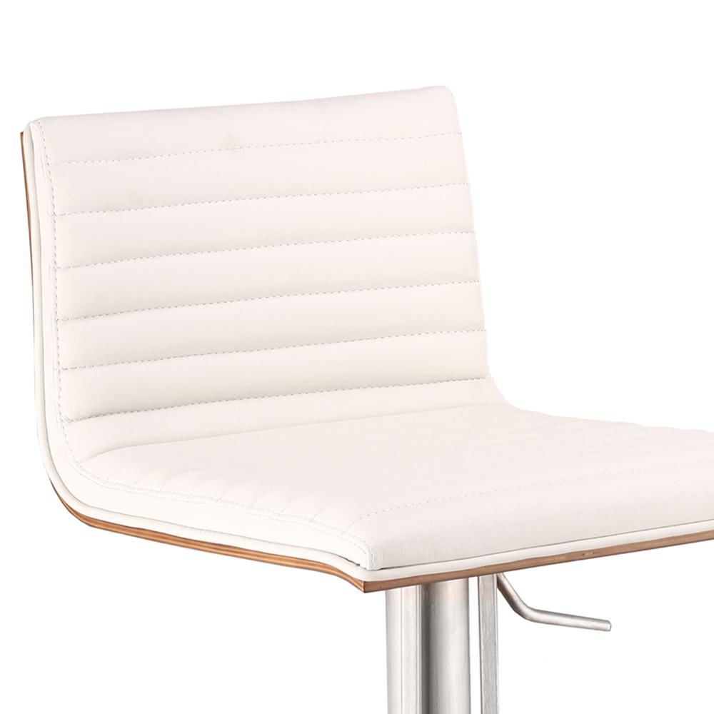 Armen Living Café Adjustable Brushed Stainless Steel Barstool in White Faux Leather with Walnut Back. Picture 3