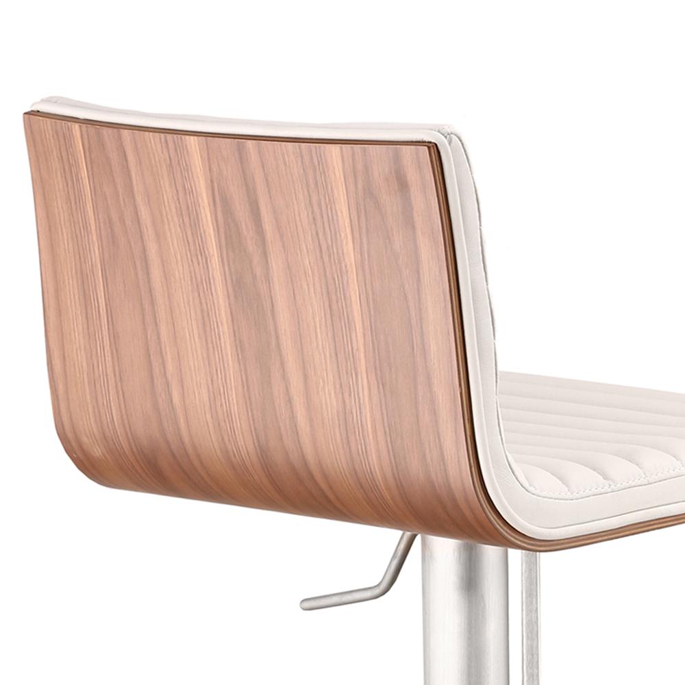 Armen Living Café Adjustable Brushed Stainless Steel Barstool in White Faux Leather with Walnut Back. Picture 5