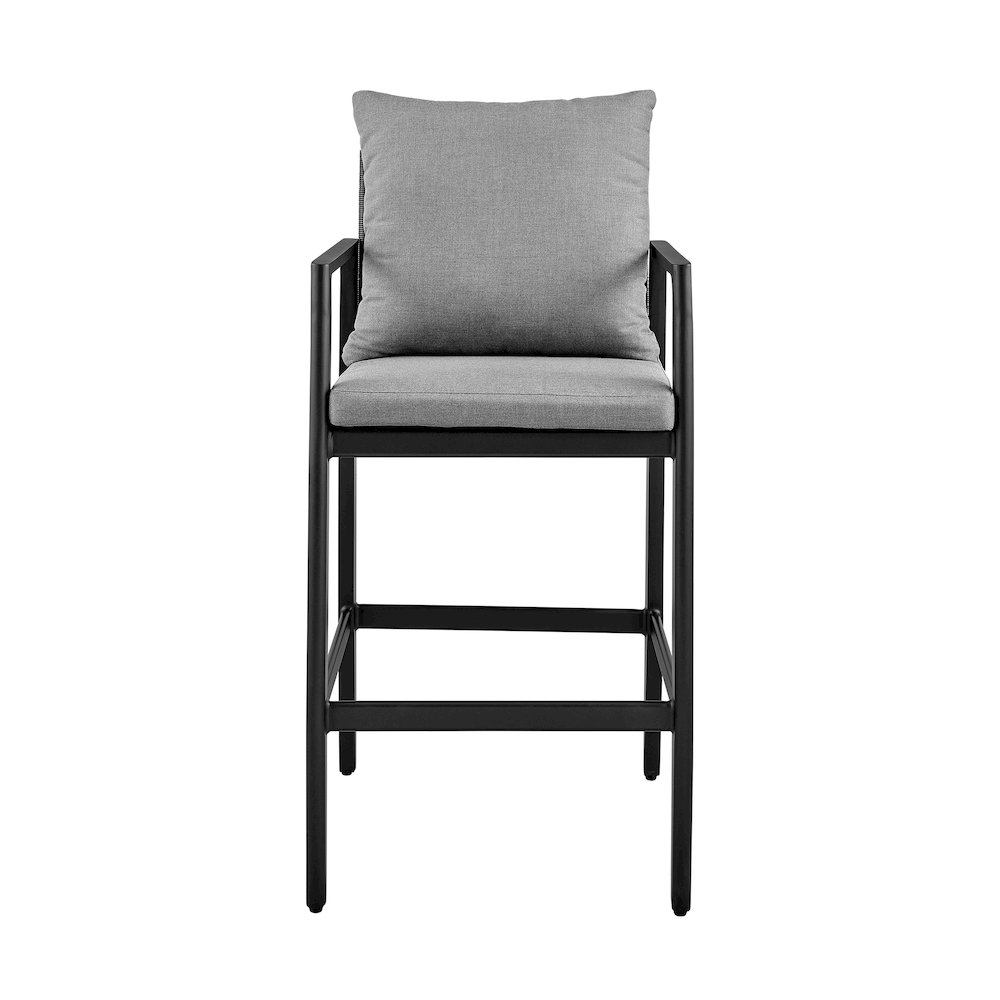 Outdoor Patio Counter or Bar Height Bar Stool in Aluminum with Gray Cushions. Picture 2