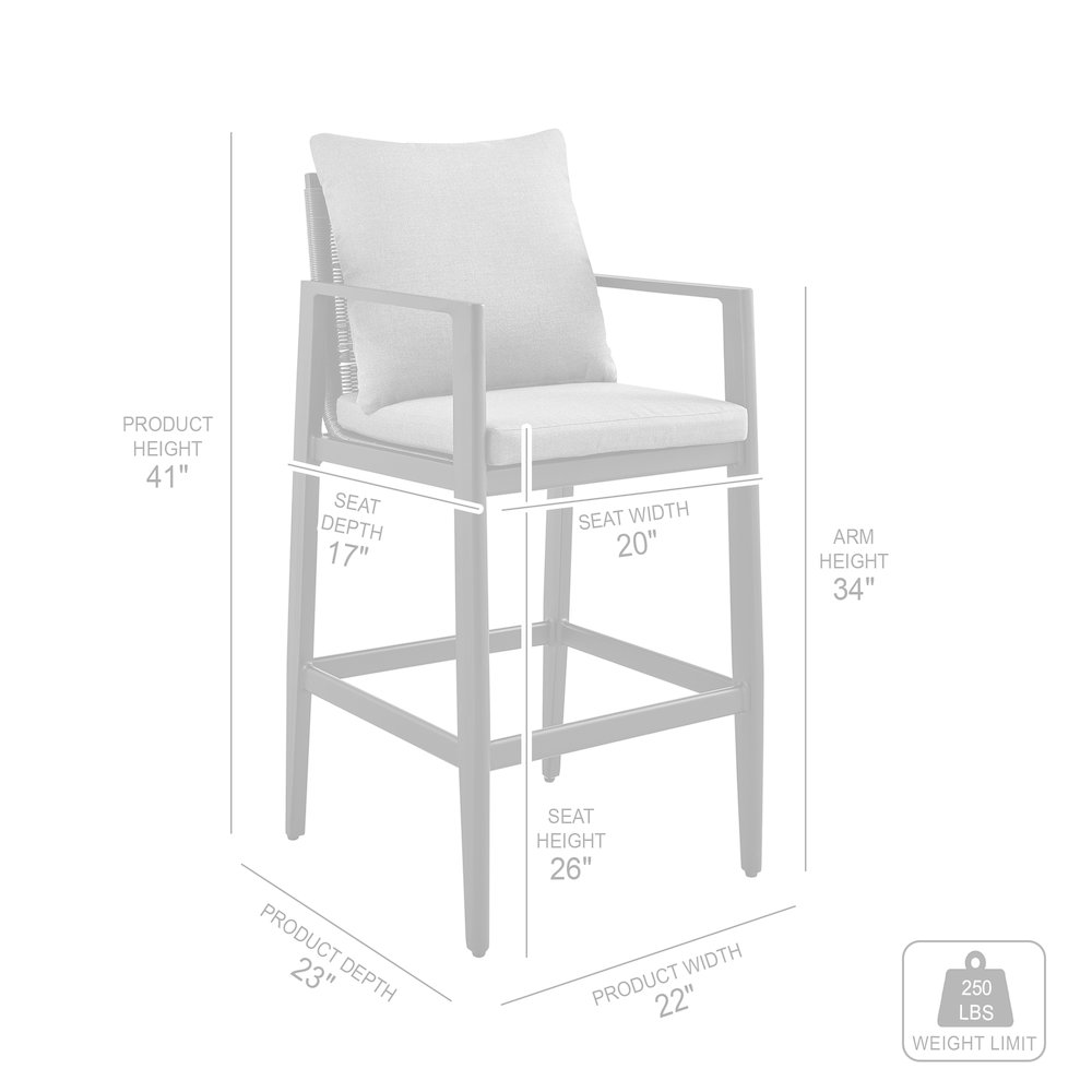 Outdoor Patio Counter or Bar Height Bar Stool in Aluminum with Gray Cushions. Picture 11