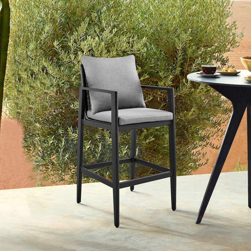 Outdoor Patio Counter or Bar Height Bar Stool in Aluminum with Gray Cushions. Picture 8