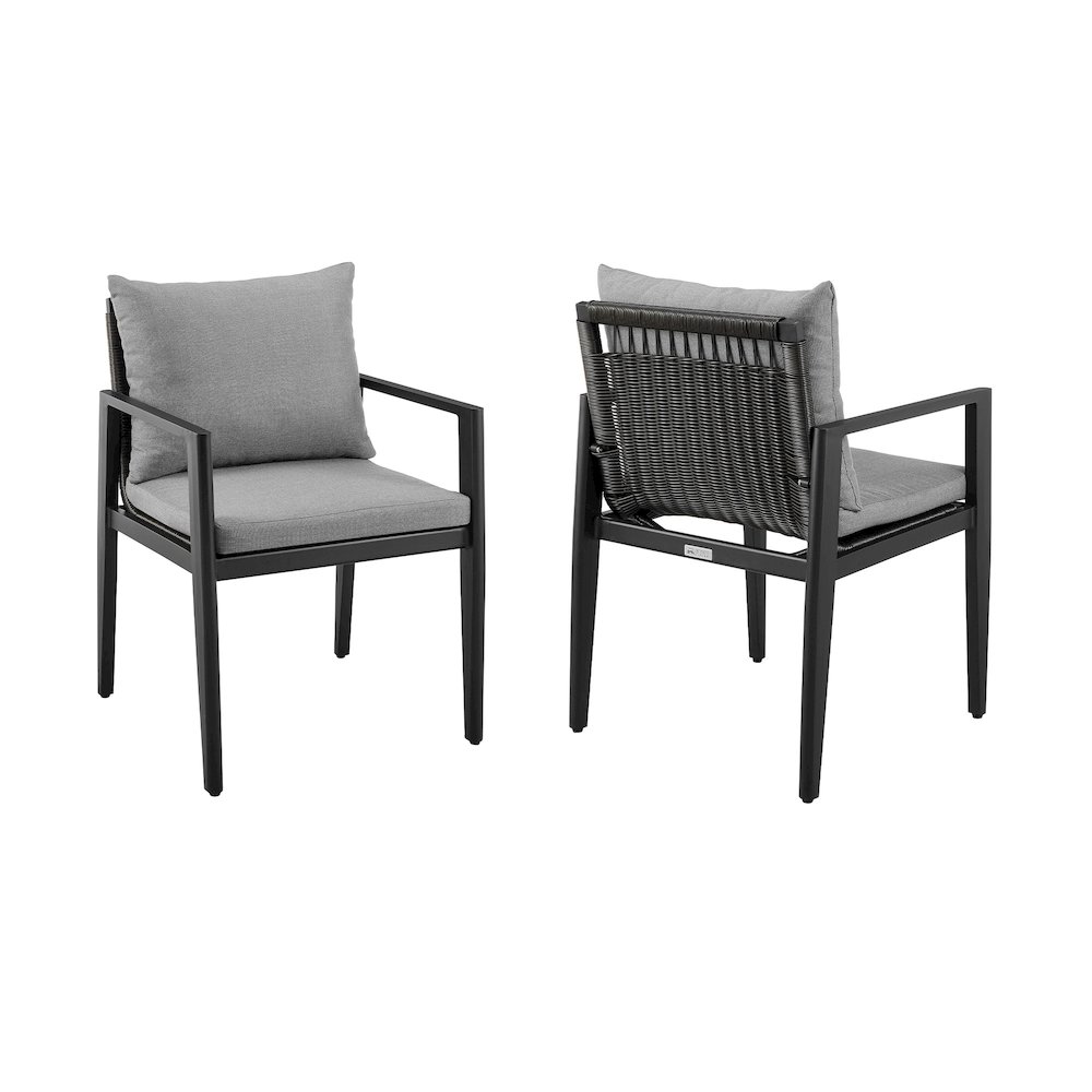 Outdoor Patio Dining Chairs with Arms in Aluminum with Gray Cushions - Set of 2. Picture 1