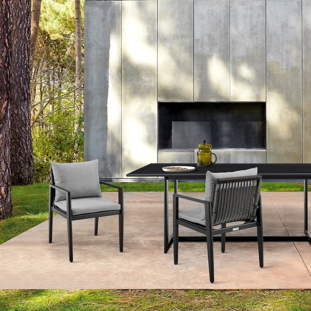 Outdoor Patio Dining Chairs with Arms in Aluminum with Gray Cushions - Set of 2. Picture 9