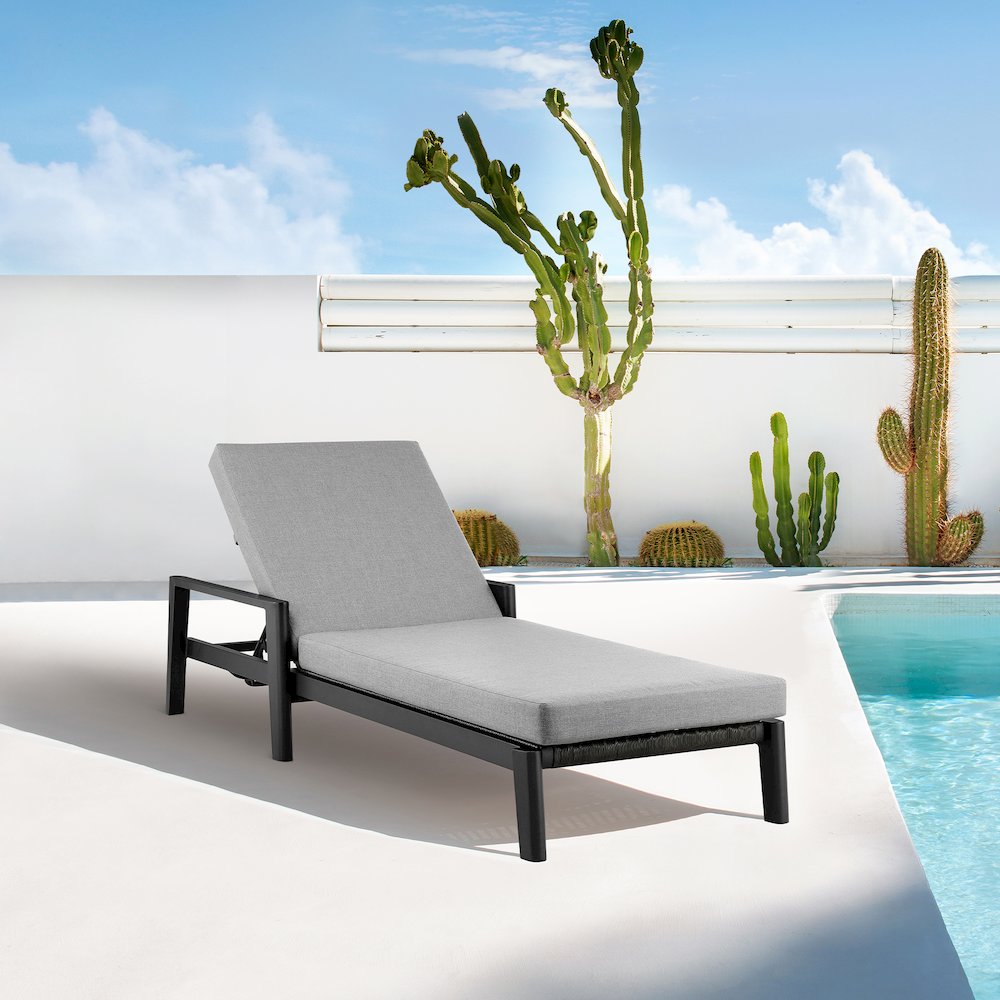 Outdoor Patio Adjustable Chaise Lounge Chair in Aluminum with Gray Cushions. Picture 10