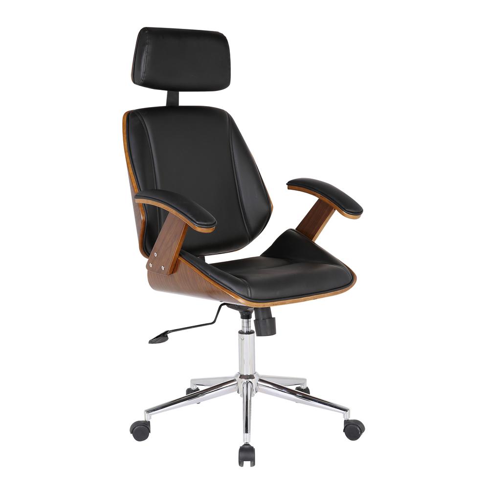 Armen Living Century Office Chair with Multifunctional Mechanism in Chrome finish with Black Faux Leather and Walnut Veneer Back. Picture 1